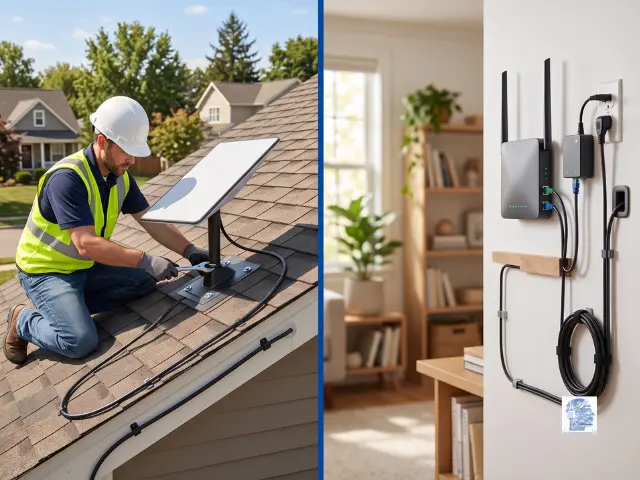 AFTECHS certified technician properly installing a residential Starlink dish with correct wiring on a home roof, and the finished indoor Wi-Fi setup